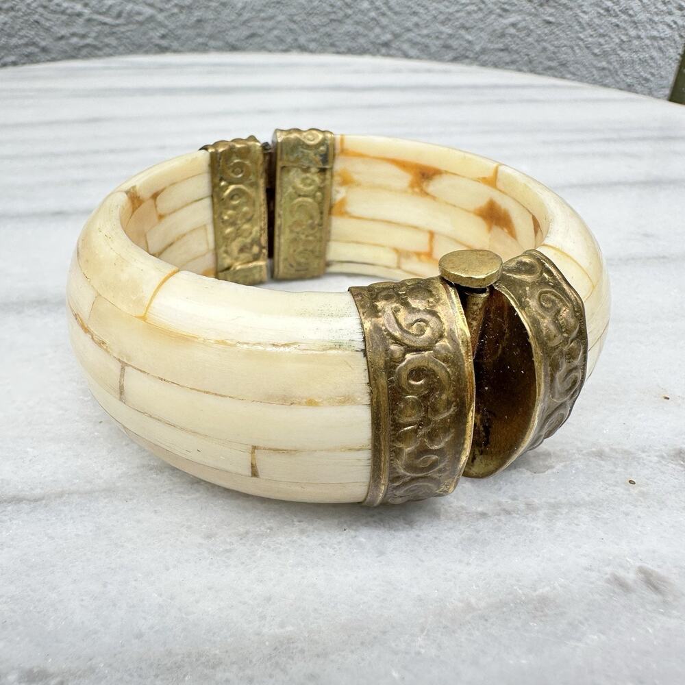 Vintage Bone Inlay Bangle Brass Hinge Bracelet Boho Statement Chunky Ethnic